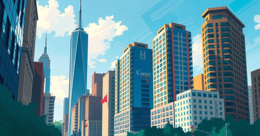Rappresentazione artistica del paesaggio urbano di New York con grattacieli e cielo azzurro, in stile impressionista.