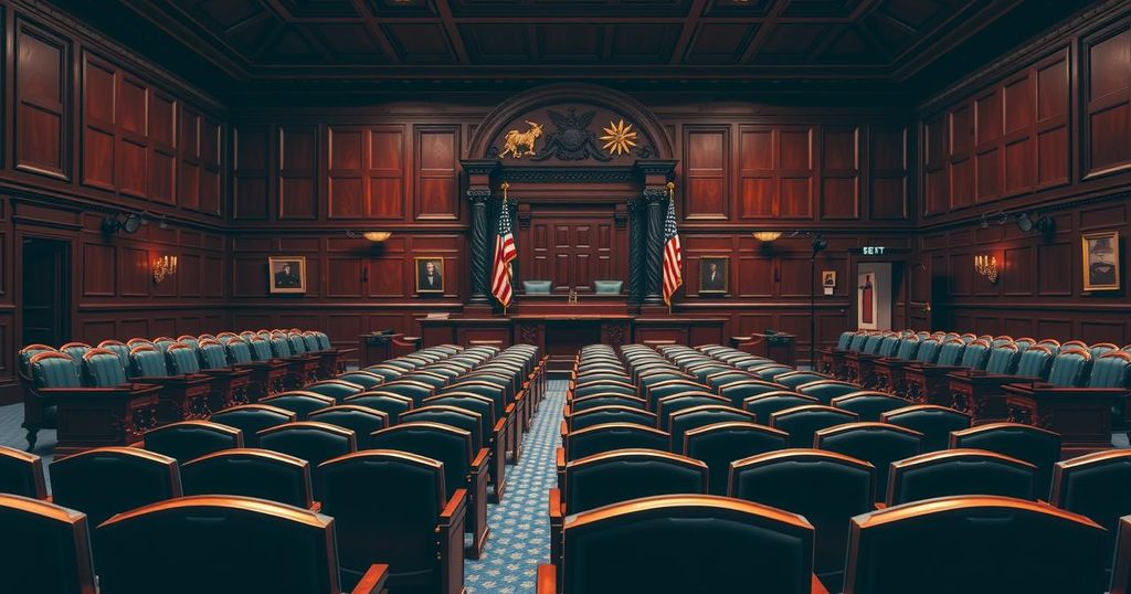 A Senate chamber filled with empty seats during a voting session, featuring dark wood furniture and flags in the background.