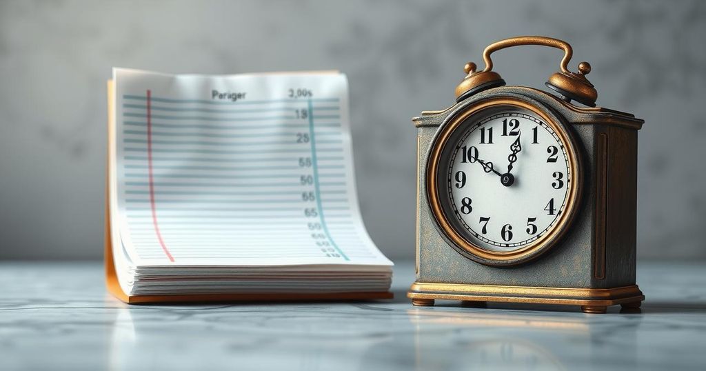 Stylized depiction of ledger and clock symbolising time, finance, and political influence in modern governance.
