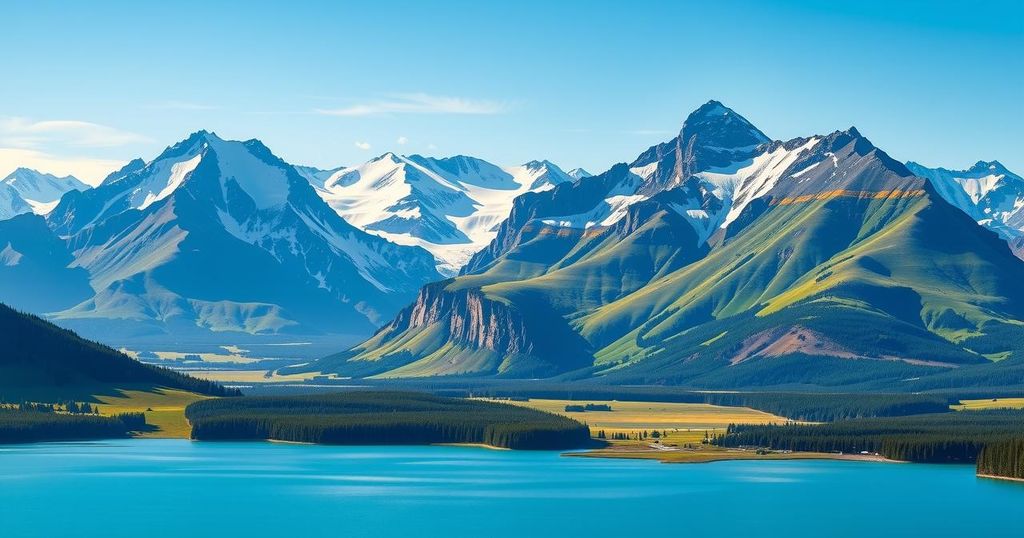 Una vista panoramica dell'Alaska, con montagne maestose e un cielo blu chiaro, simboleggiando la politica moderata.