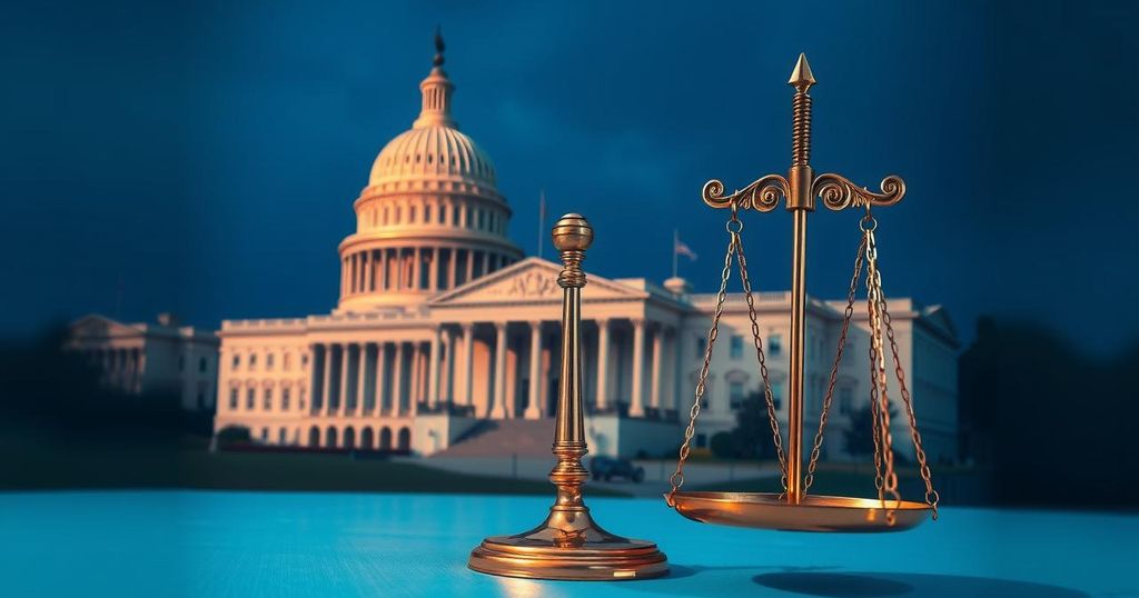 Rappresentazione di un Congresso americano, con simboli politici e una bilancia che simboleggia le decisioni legislative.