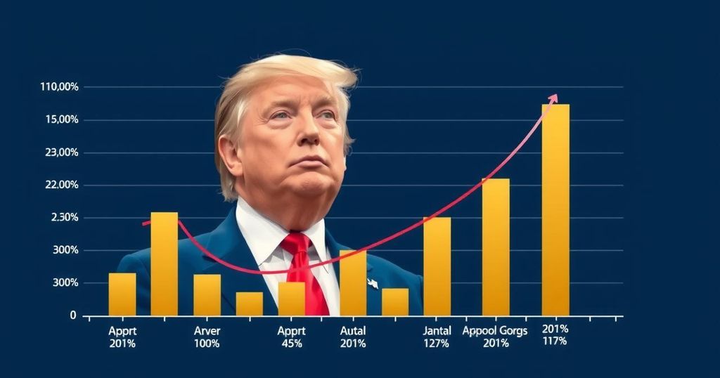 Grafico che mostra l'approvazione di Trump, l'economia e il mercato azionario con colori blu e oro.