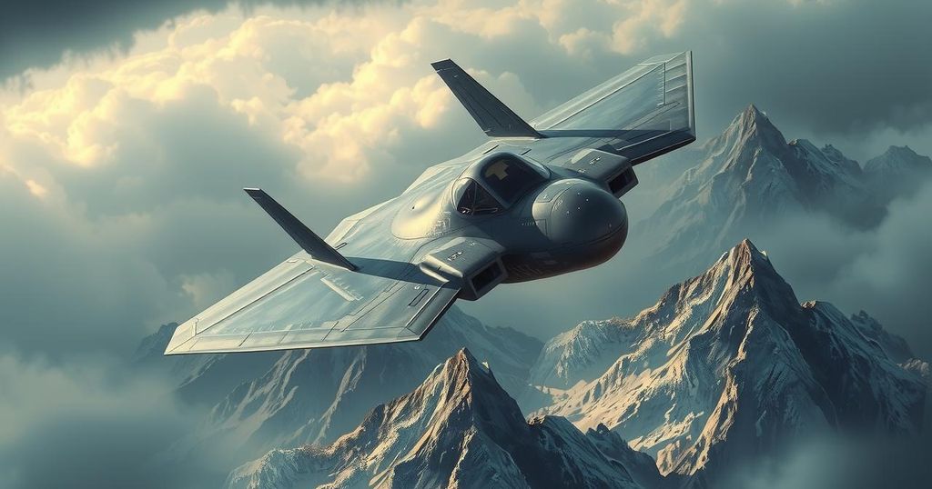 A military aircraft flying above a mountainous terrain, emphasising the power and precision of air force operations.