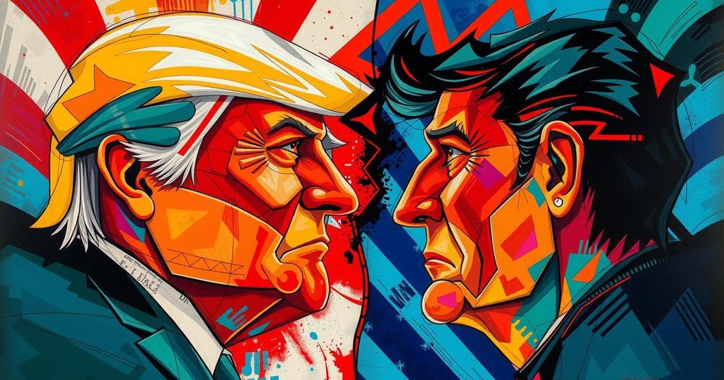 Scena di interazione politica con sfondo astratto e colori vivaci, rappresentando il conflitto e la strategia avversaria.