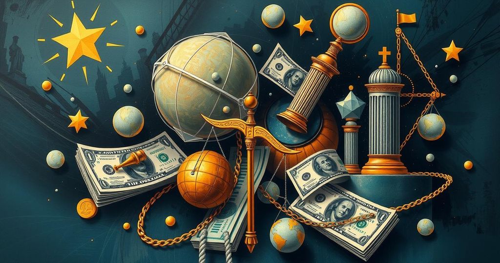 Un'illustrazione astraente di denaro e potere, simboli di controllo politico in un contesto contemporaneo.