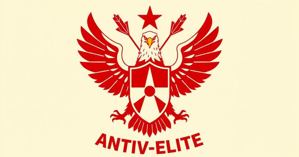 A political symbol reflecting anti-elite sentiments, showing a stylized eagle and a shield in bold red and white hues.