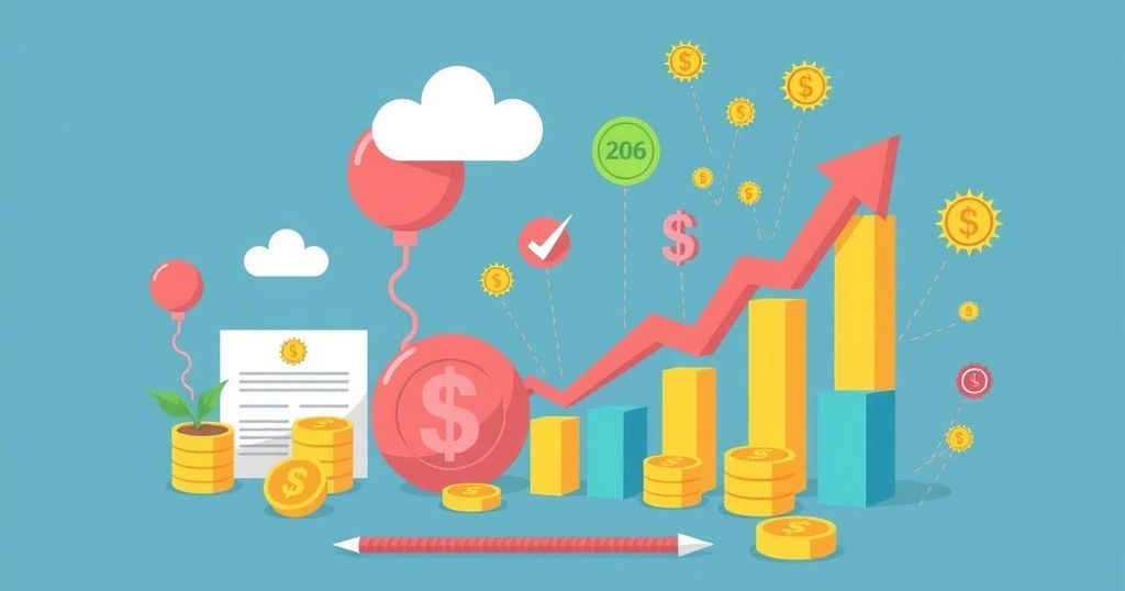Grafica che rappresenta risparmi finanziari con conti per bambini, colori vividi e stile moderno.