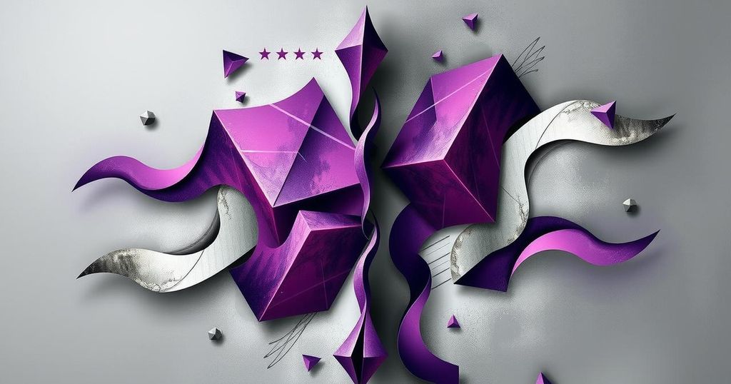 Rappresentazione artistica politica con colori grigi e viola, evocante sentimenti di incertezza e divisione.