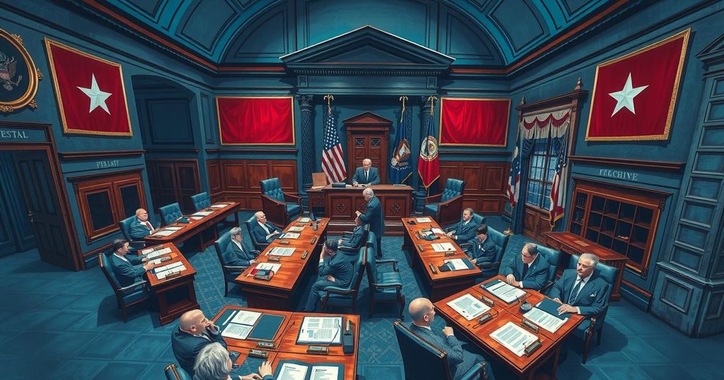 Riunione del Senato con bandiere e documenti per discussioni politiche.
