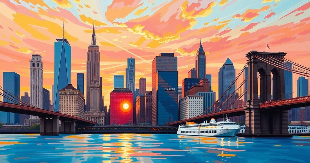 Rappresentazione allegorica di New York con skyline e luoghi iconici in un'atmosfera ottimistica.