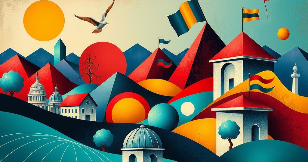 Immagine astratta di un paesaggio politico con colori vivaci, simboleggiando discussioni e conflitti globali.