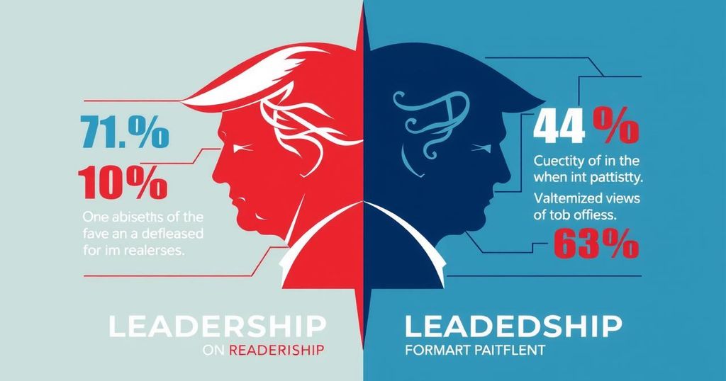 Abstract graph showing divided opinions on leadership, with contrasting colour schemes illustrating partisan views.