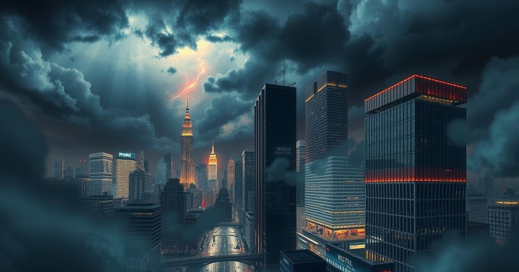 Scena di un paesaggio urbano con edifici moderni e un cielo tempestoso, rappresentante il cambiamento e la turbolenza politica.