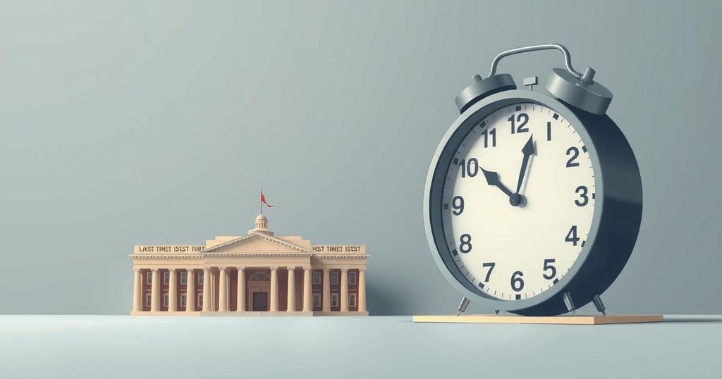Rappresentazione artistica di una scadenza imminente al governo, con elementi simboleggianti come un orologio e un edificio governativo.