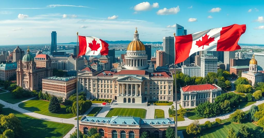 Una vista panoramica della capitale canadese con bandiere e palazzi, rappresentando la transizione politica in Canada.