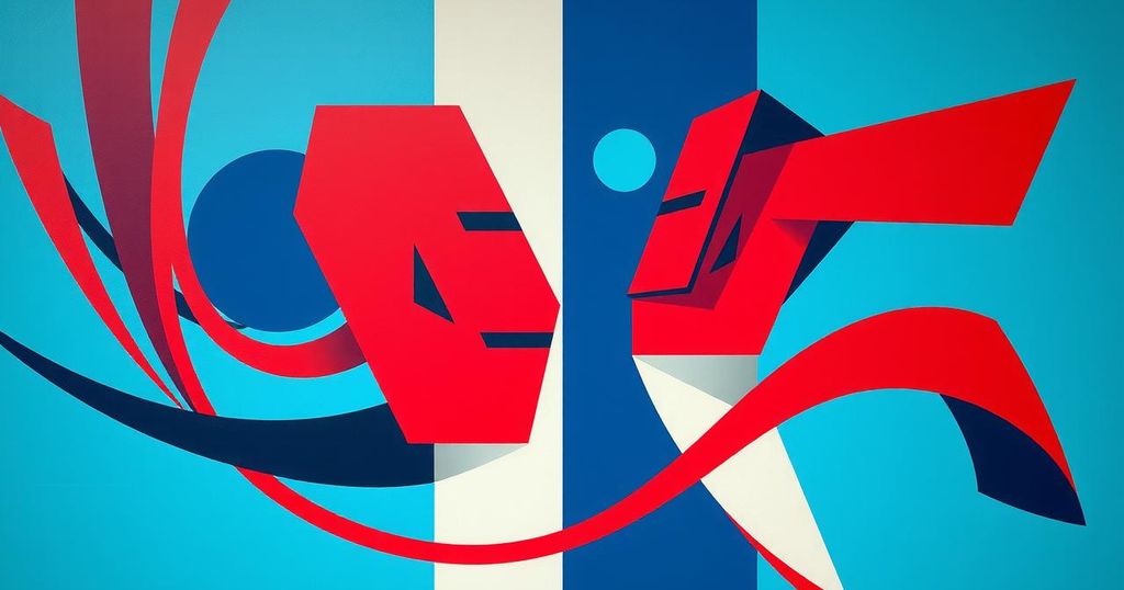 Rappresentazione astratta della politica con simboli blu e rossi, toni contrastanti e forme geometriche in movimento.