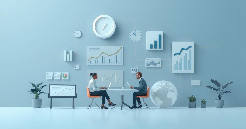 Discussione economica con grafica di grafici e simboli, in uno stile minimalista e colori blu e grigi.