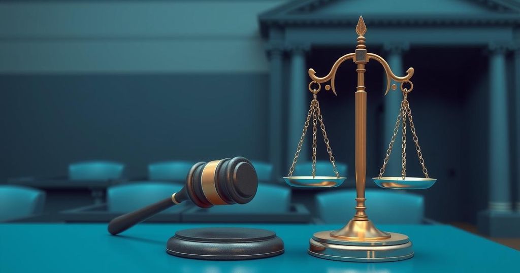 Abstract representation of a courtroom with gavel and scales, in a modern artistic style, using a blue and grey colour scheme.