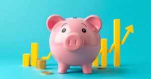 Rappresentazione del concetto di risparmio per i bambini con un salvadanaio colorato e grafiche di crescita.