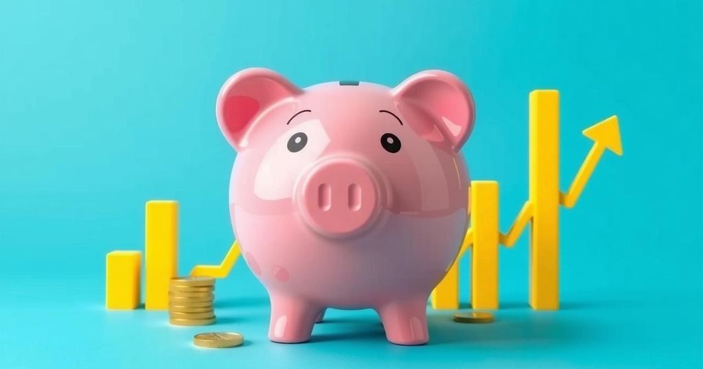 Rappresentazione del concetto di risparmio per i bambini con un salvadanaio colorato e grafiche di crescita.