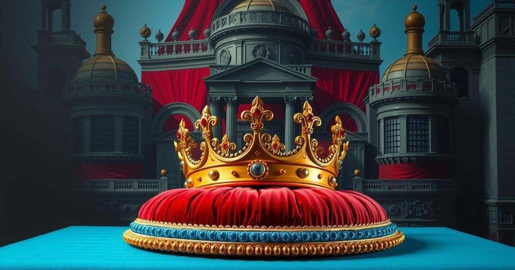 Un'immagine simbolica che rappresenta il potere, la politica e l'ambizione, con colori blu e rosso.