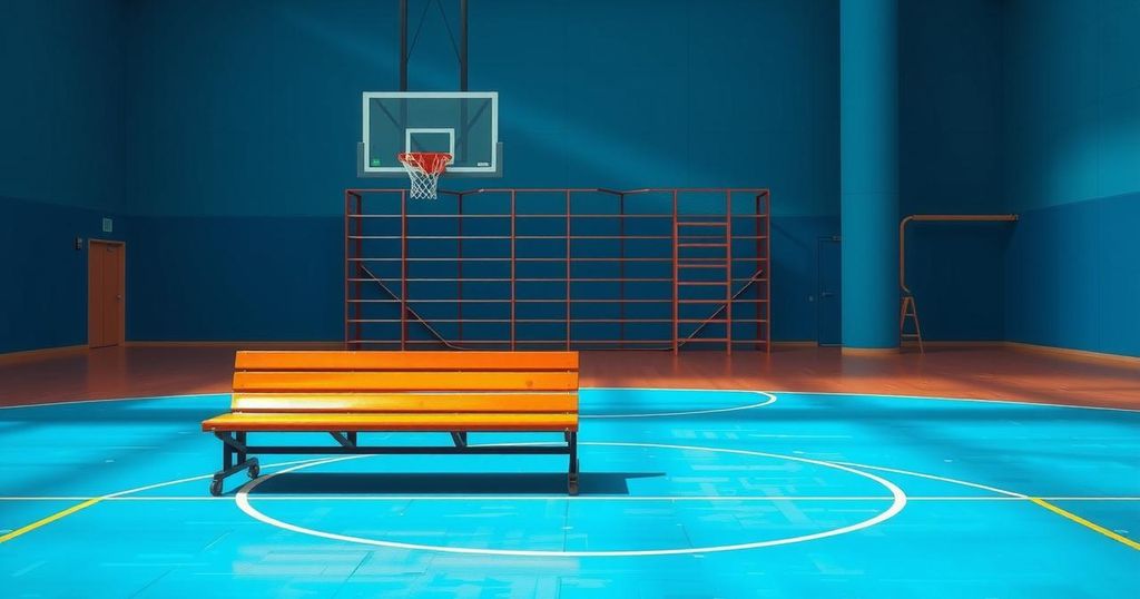 A basketball court featuring an empty bench and a basketball hoop, symbolizing support and choices in politics.