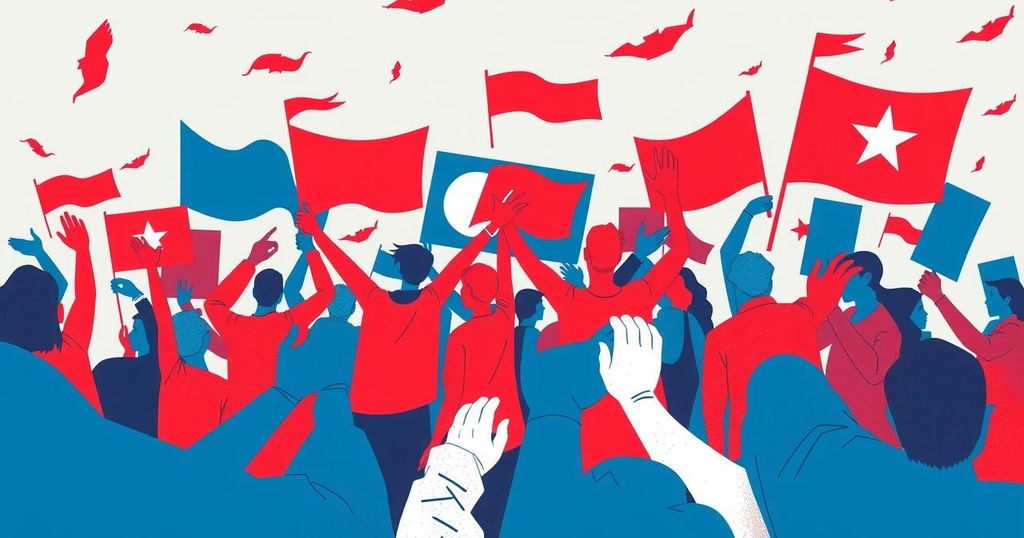 A political rally scene with symbols of populism and anti-elite messaging amidst vibrant colours and abstract shapes.