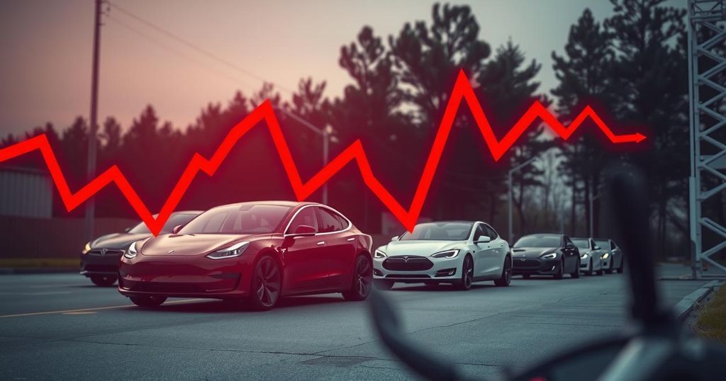 A dramatic stock market graph depicting Tesla's plunge with electric vehicles and a political backdrop.