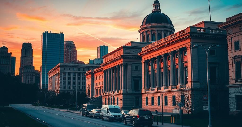 Un paesaggio urbano americano con un imponente edificio governativo al tramonto, riflettendo potere e cambiamento.