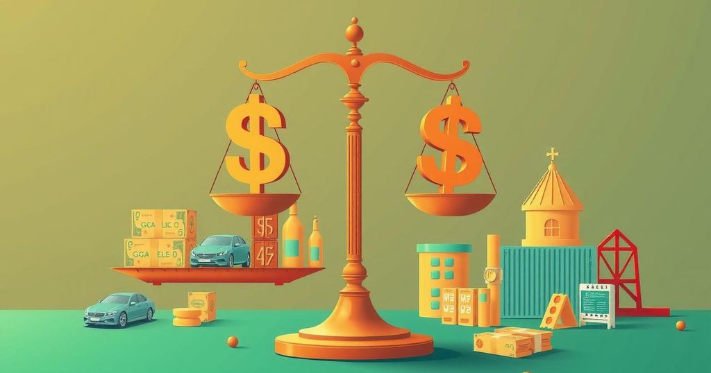 A symbolic depiction of rising tariffs affecting family budgets, featuring a weighing scale and dollar signs with market elements.