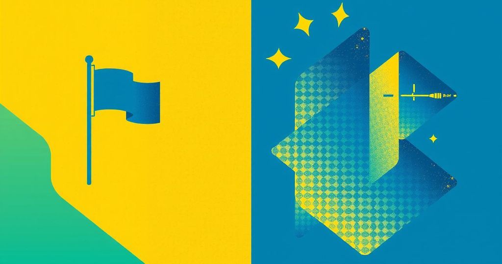 Stilizzato concetto politico del capitalismo con sfondo blu e giallo, rappresentazione astratta di forze opposte.