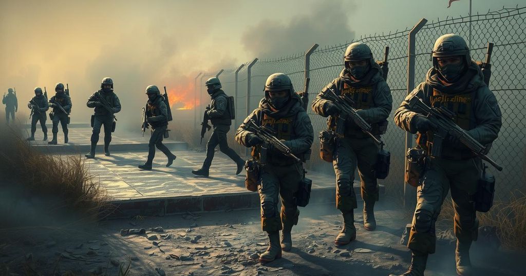 Military presence on the U.S. border with a strong atmosphere of tension and urgency, in a realistic style with muted colours.