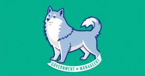 Logo DOGE con simboli di governo e gestione, colori blu e verde, in stile grafico moderno e minimalista.