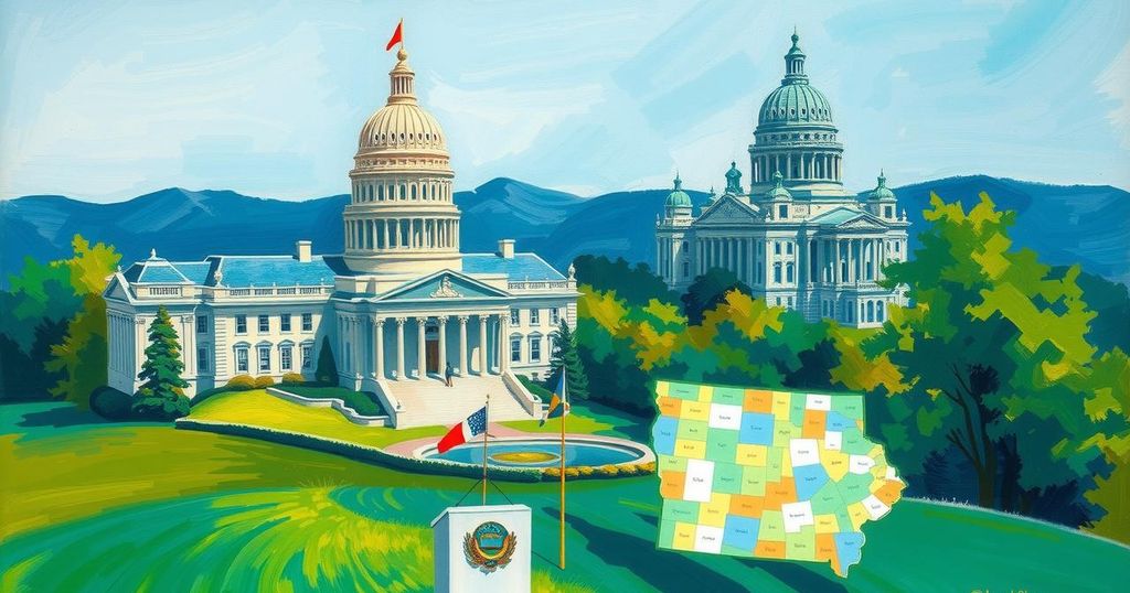 A vibrant political landscape with symbolic representations of leadership changes in Iowa politics.