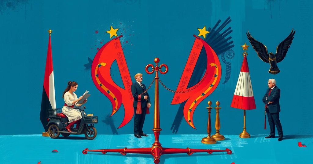 Scena politica con tonalità blu e rossa, elementi di strategia e diplomazia, senza persone.
