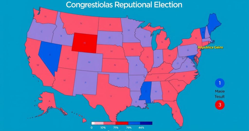 A vibrant political map of the USA illustrating House election results with Republican and Democrat colours.