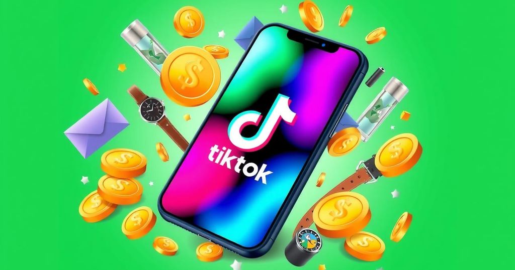 A vivid illustration of a smartphone screen displaying a TikTok logo, surrounded by abstract wealth symbols.