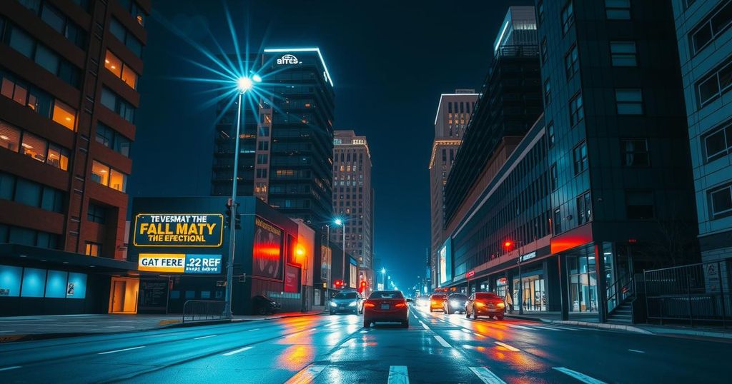 Un paesaggio urbano notturno con luci brillanti che evocano un'atmosfera di segretezza e tensione politica.