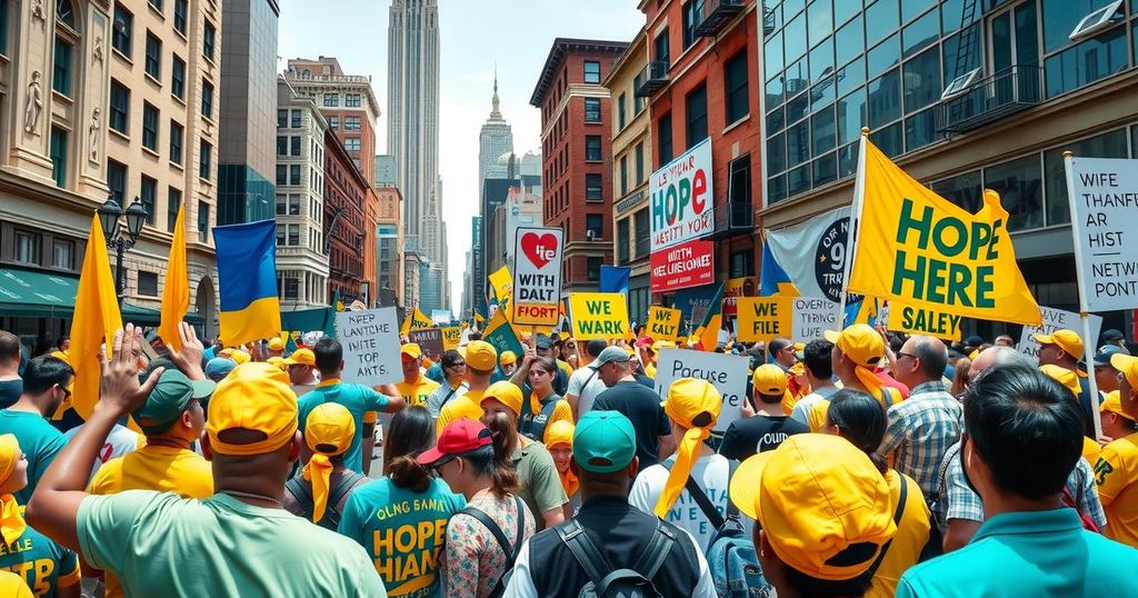 Rally with yellow bandanas and banners in New York City symbolizing hope and political change.