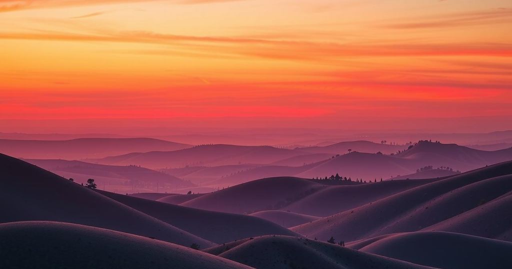 A landscape of California hills reflecting shifting political climates, with muted colours evoking a sense of change.
