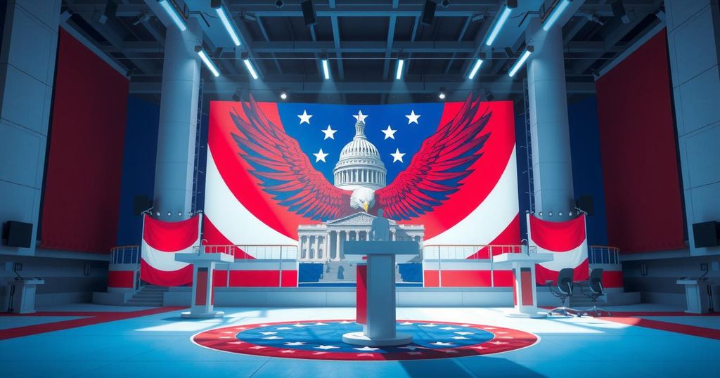 A conceptual illustration of a political debate with a backdrop of iconic American symbols, vibrant colours.