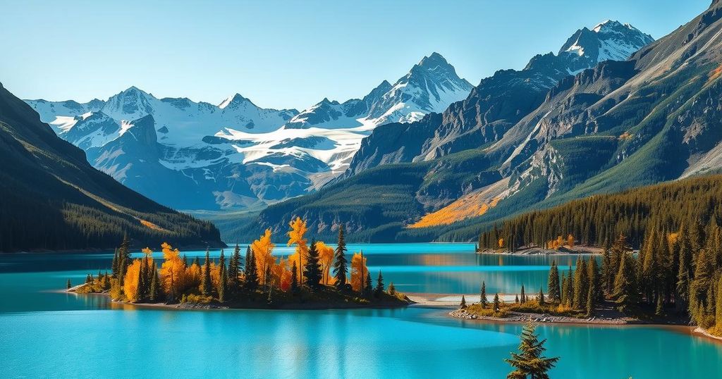 Un paesaggio naturale dell'Alaska con montagne maestose e laghi scintillanti, che rappresentano l'indipendenza e la bellezza.