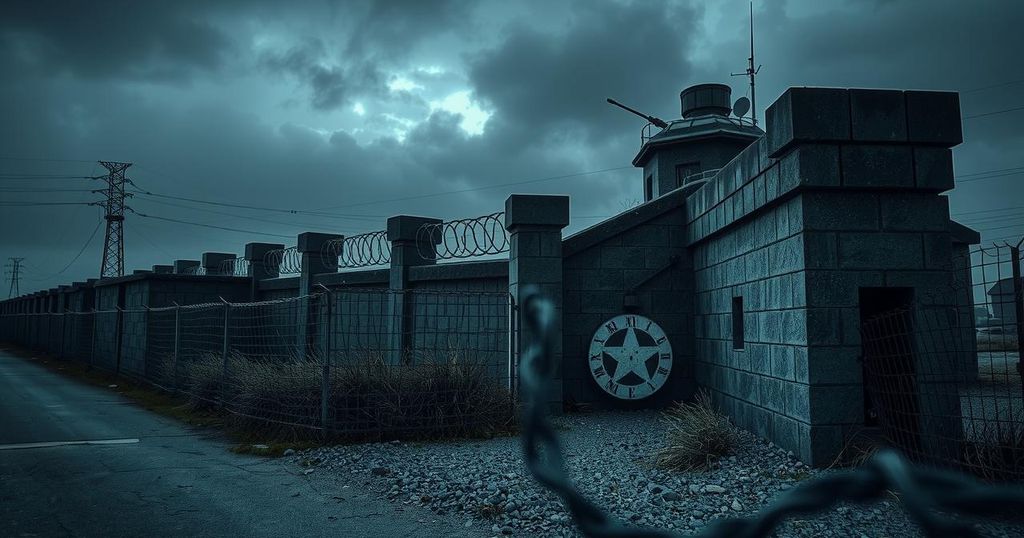 US border security military deployment concept with barbed wire and stronghold in dramatic light.