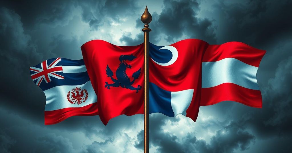 Rappresentazione astratta di tensione geopolitica con bandiere stilizzate e sfondi tempestosi.
