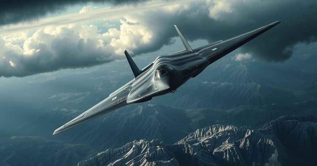 A dramatic military scene featuring a B-2 bomber flying over a rugged landscape, set in deep blues and greys.
