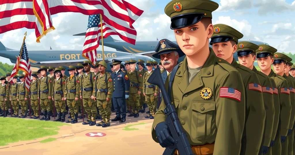Truppe militari americane in uniforme durante un evento ufficiale a Fort Bragg. Stile fotografico realistico con colori vivaci.