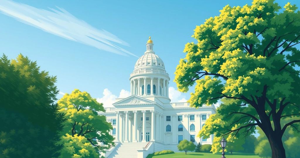 A Rhode Island Statehouse with a blue sky, surrounded by green trees, symbolising political change and community spirit.