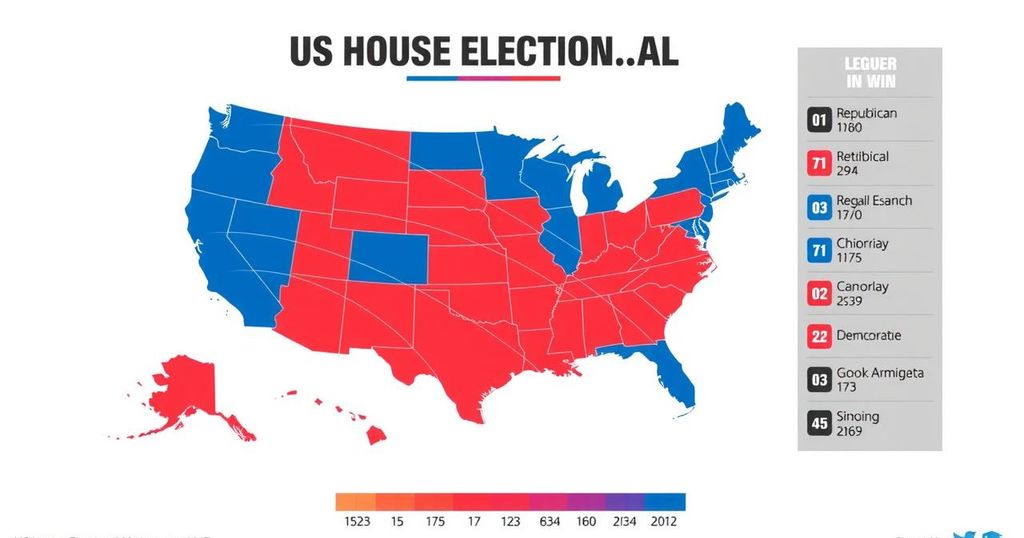 A dynamic infographic showcasing the US House election results with party colours and victory highlights.