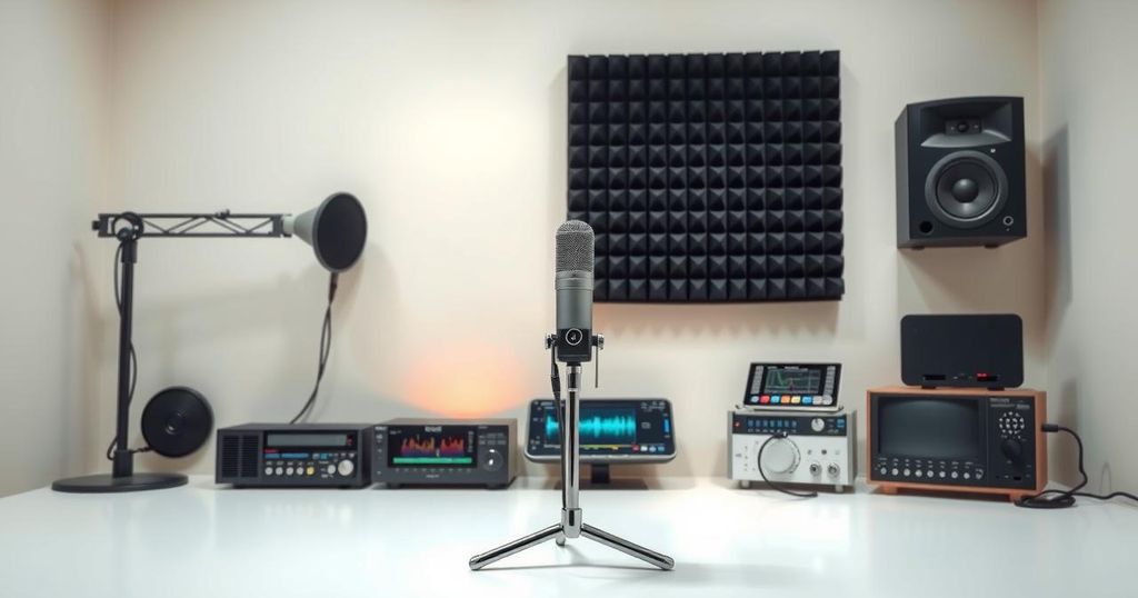 Rappresentazione grafica di un microfono e di dispositivi audio in uno studio di registrazione, colori neutri.