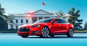 Un Tesla rossa fiammante appoggiata contro un sfondo della Casa Bianca sotto un cielo blu.